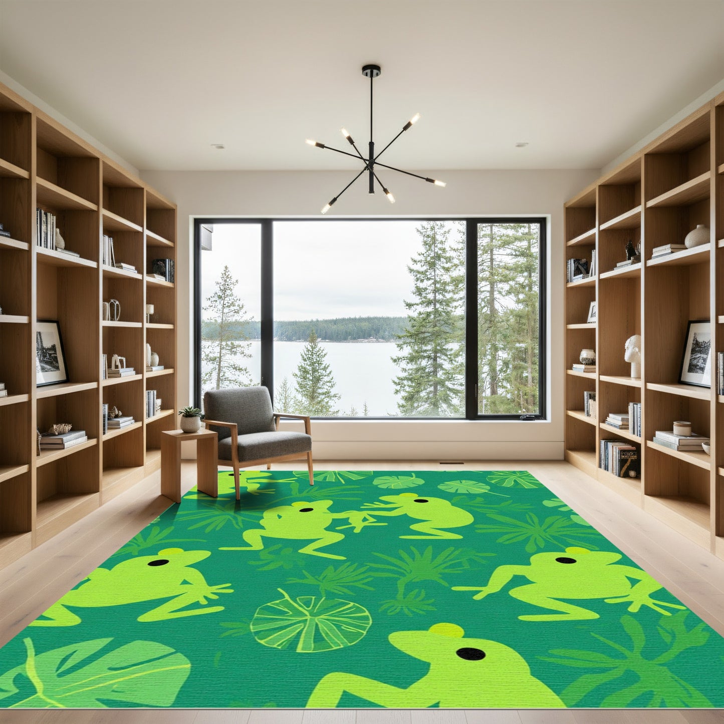 Playful Green Frogs Jungle Scene Rug