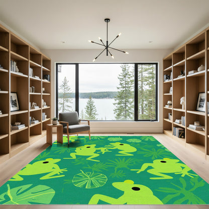 Playful Green Frogs Jungle Scene Rug