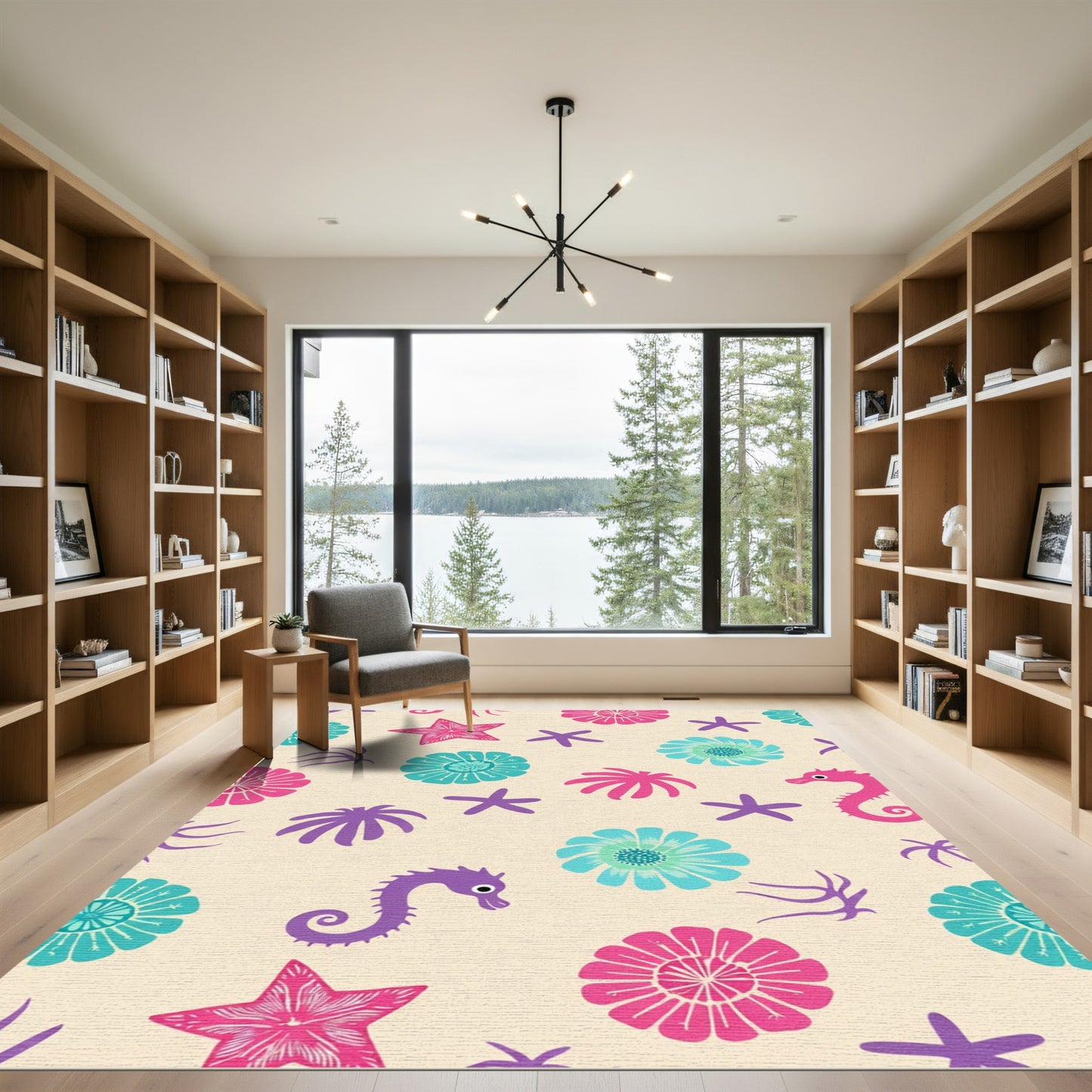 Marine Life Colorful Starfish Seahorse Flowers Rug
