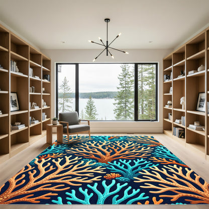 Coastal Coral Branch Ocean Blues Rug