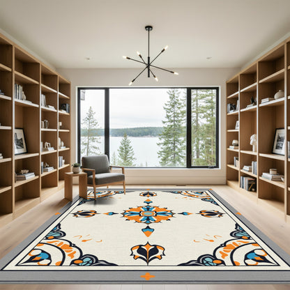 Ornate Orange Blue Floral Medallion Rug