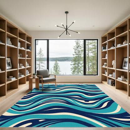 Deep Blue Cream Swirling Waves Rug