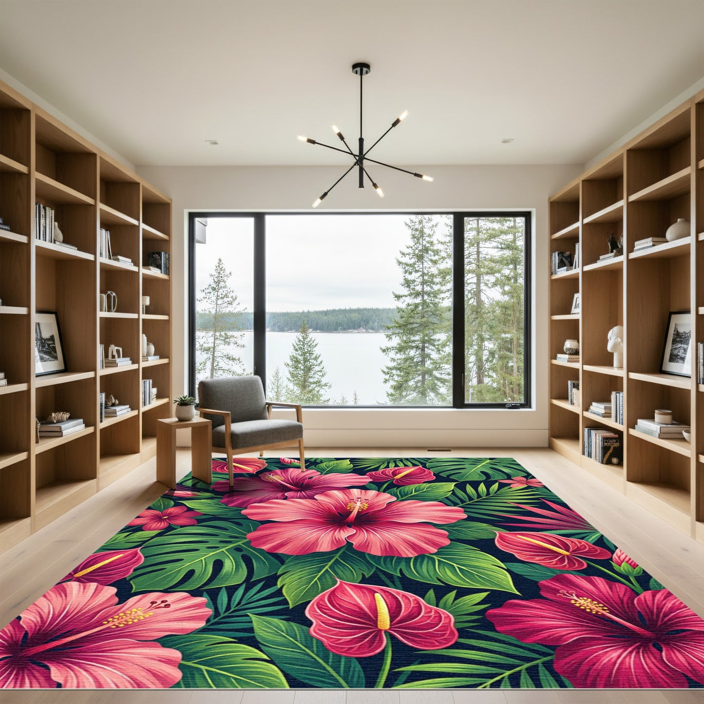 Vibrant Tropical Hibiscus Anthurium Foliage Rug