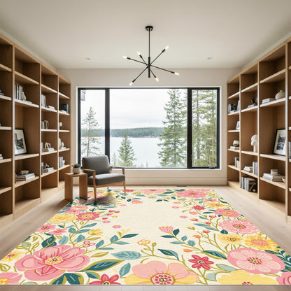 Whimsical Pink Yellow Floral Garland Rug
