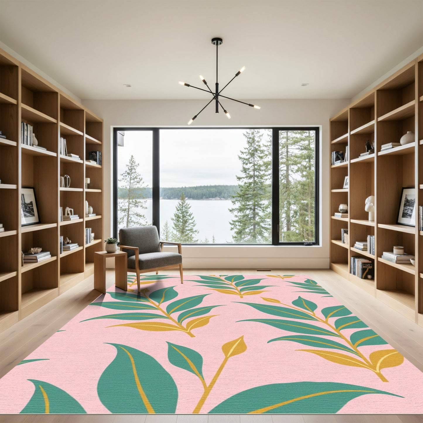 Teal Yellow Leaf Botanical Pink Background Rug