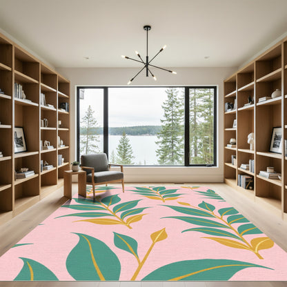 Teal Yellow Leaf Botanical Pink Background Rug