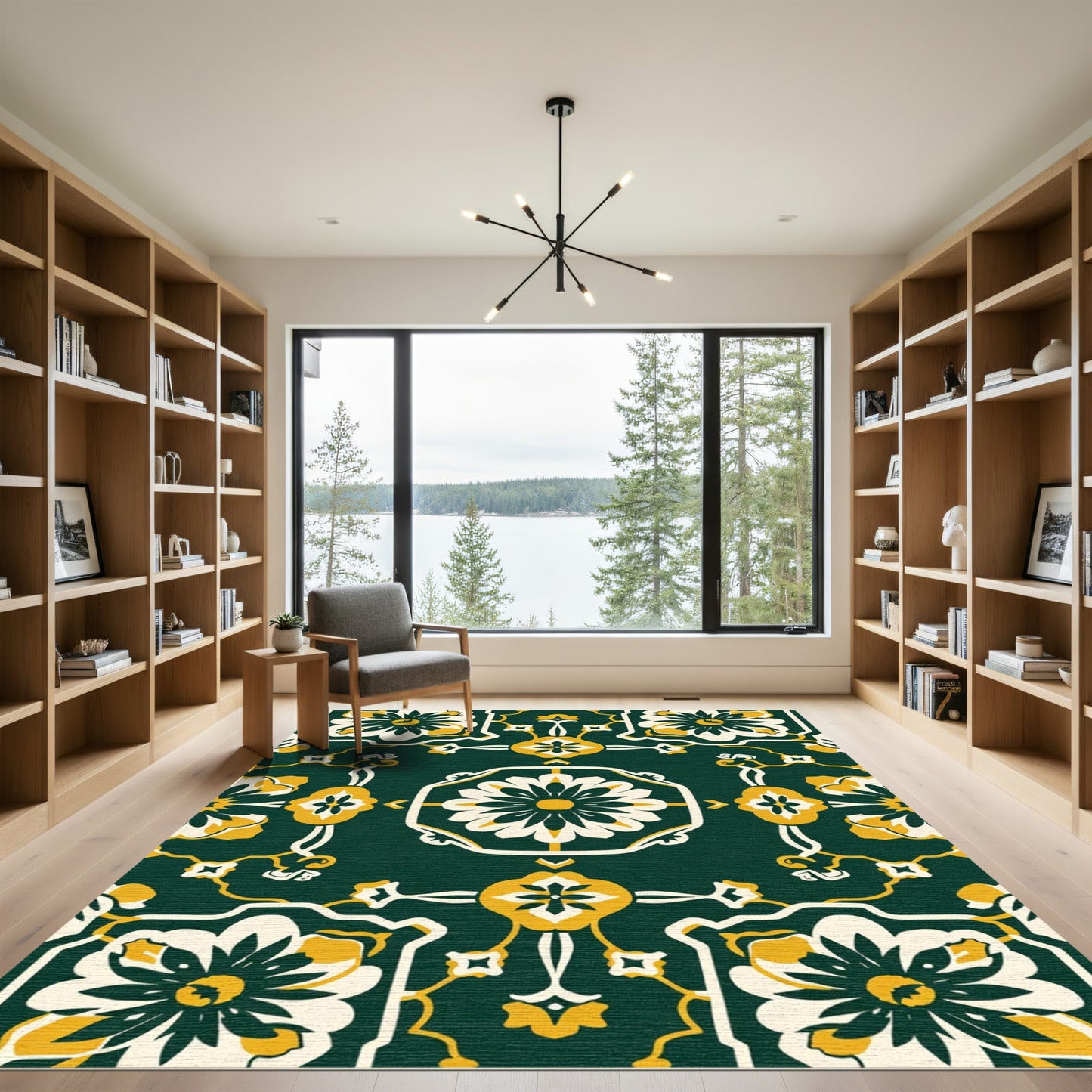 Ornate Emerald Floral Medallion Arrangement Rug