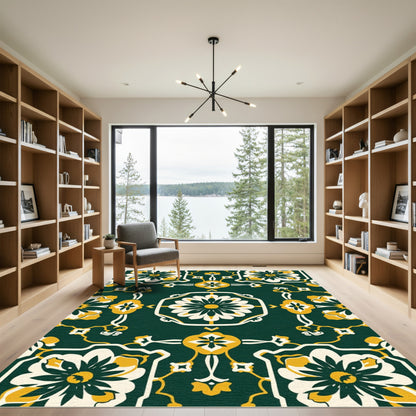 Ornate Emerald Floral Medallion Arrangement Rug