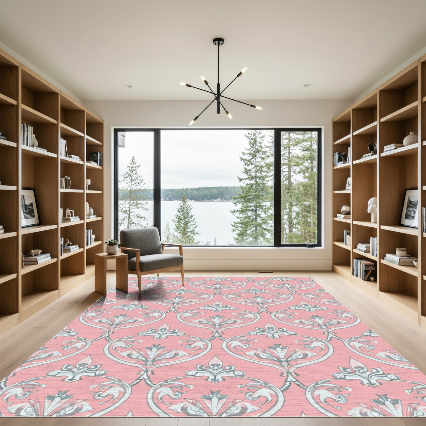 Pink Gray Ornate Damask Vines Rug