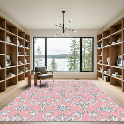Pink Gray Ornate Damask Vines Rug