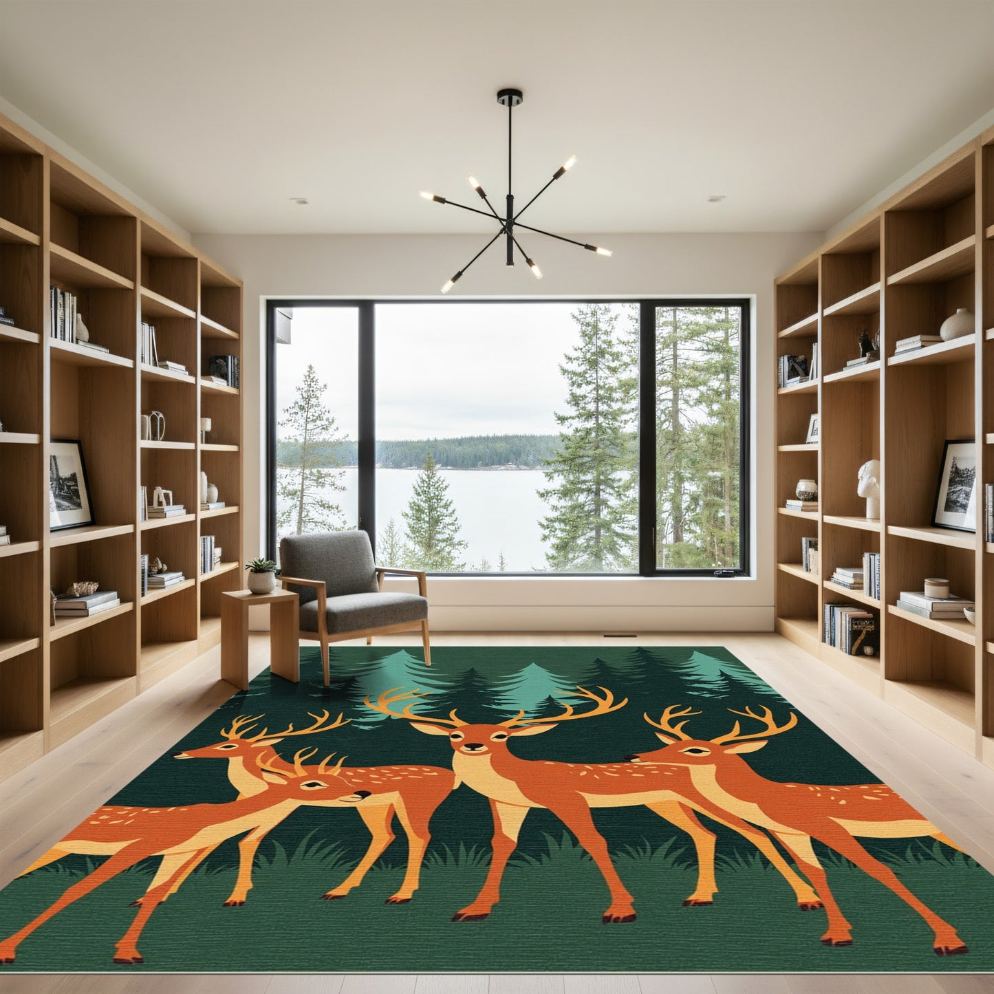 Woodland Deer Herd Forest Green Canvas Rug