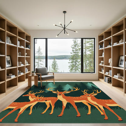 Woodland Deer Herd Forest Green Canvas Rug