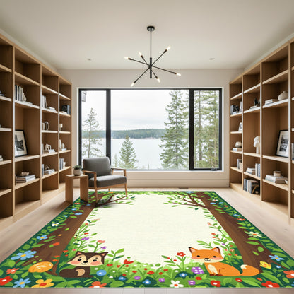 Whimsical Woodland Fox and Critter Scene Rug