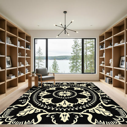 Cream Rococo Floral Medallion Black Rug