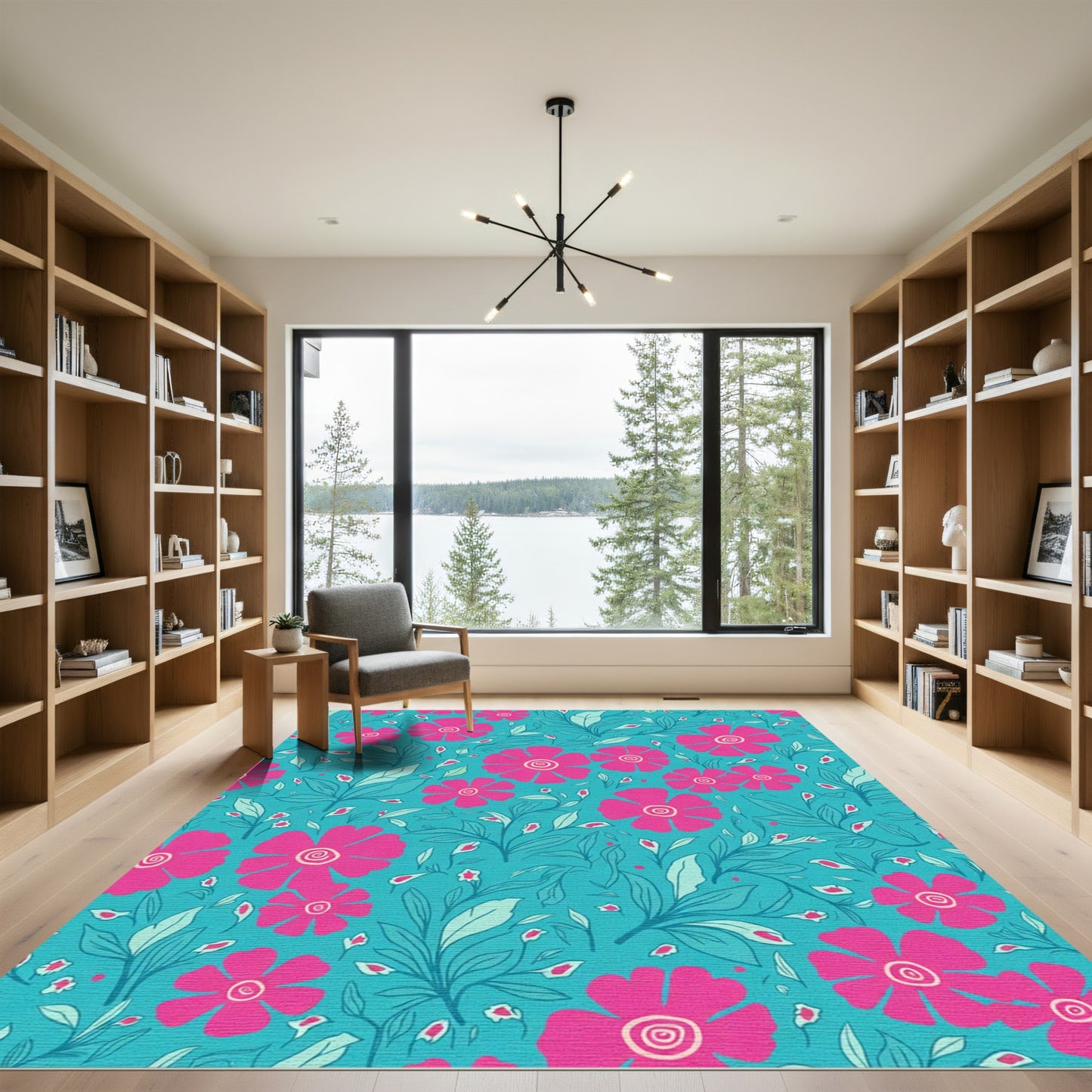 Vibrant Pink Flower Garden Teal Rug
