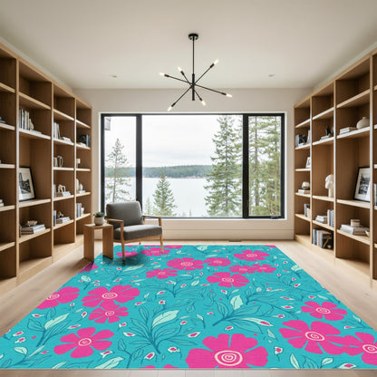Vibrant Pink Flower Garden Teal Rug