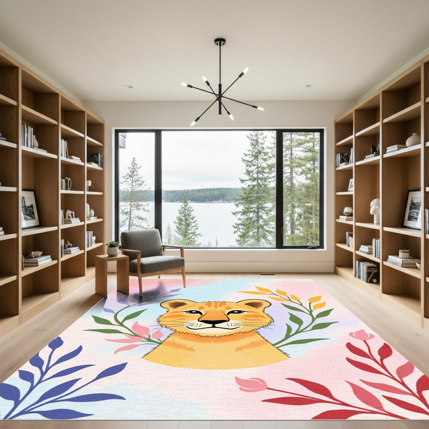 Whimsical Lion Cub Floral Garland Rug