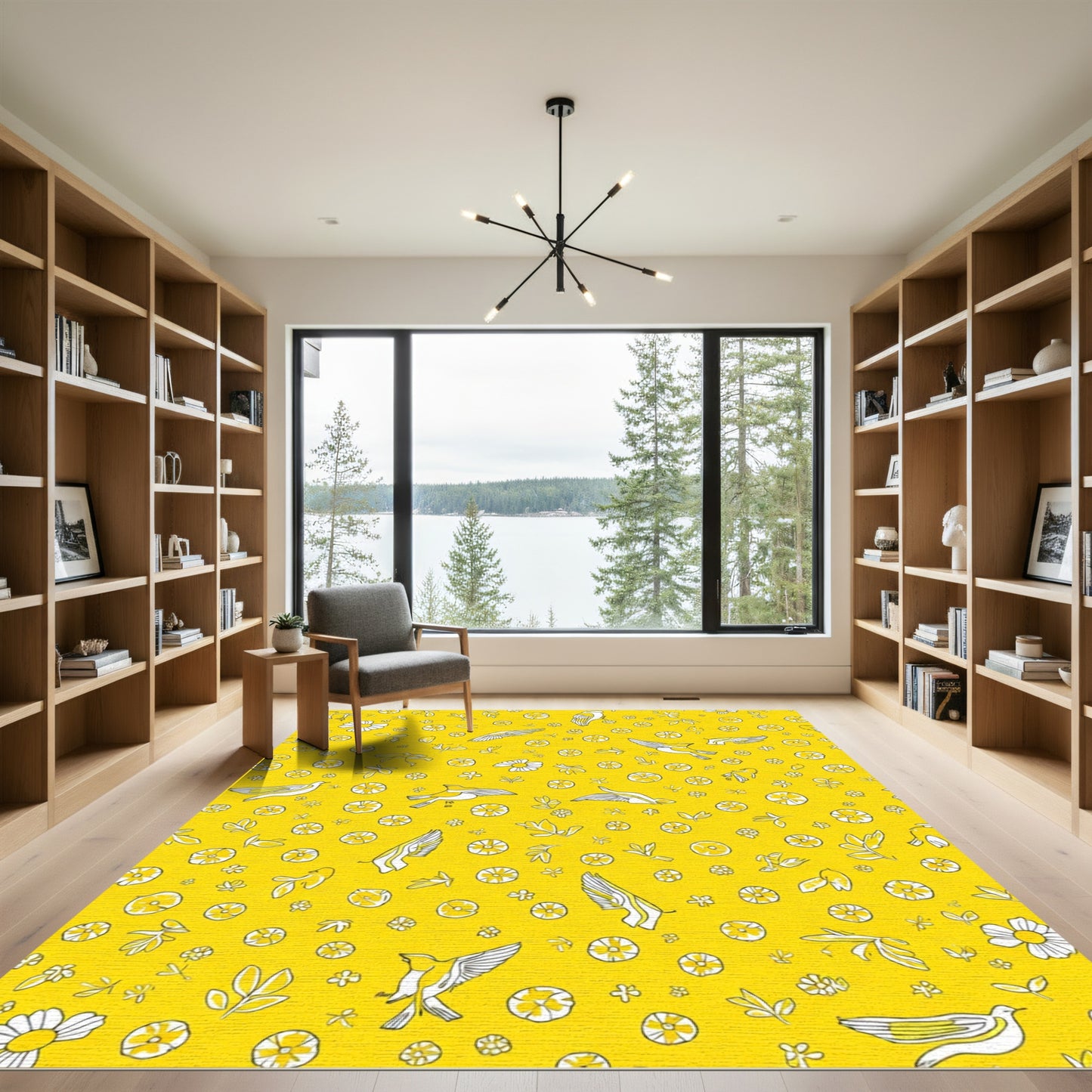 Golden Yellow Flying Birds Blossom Rug