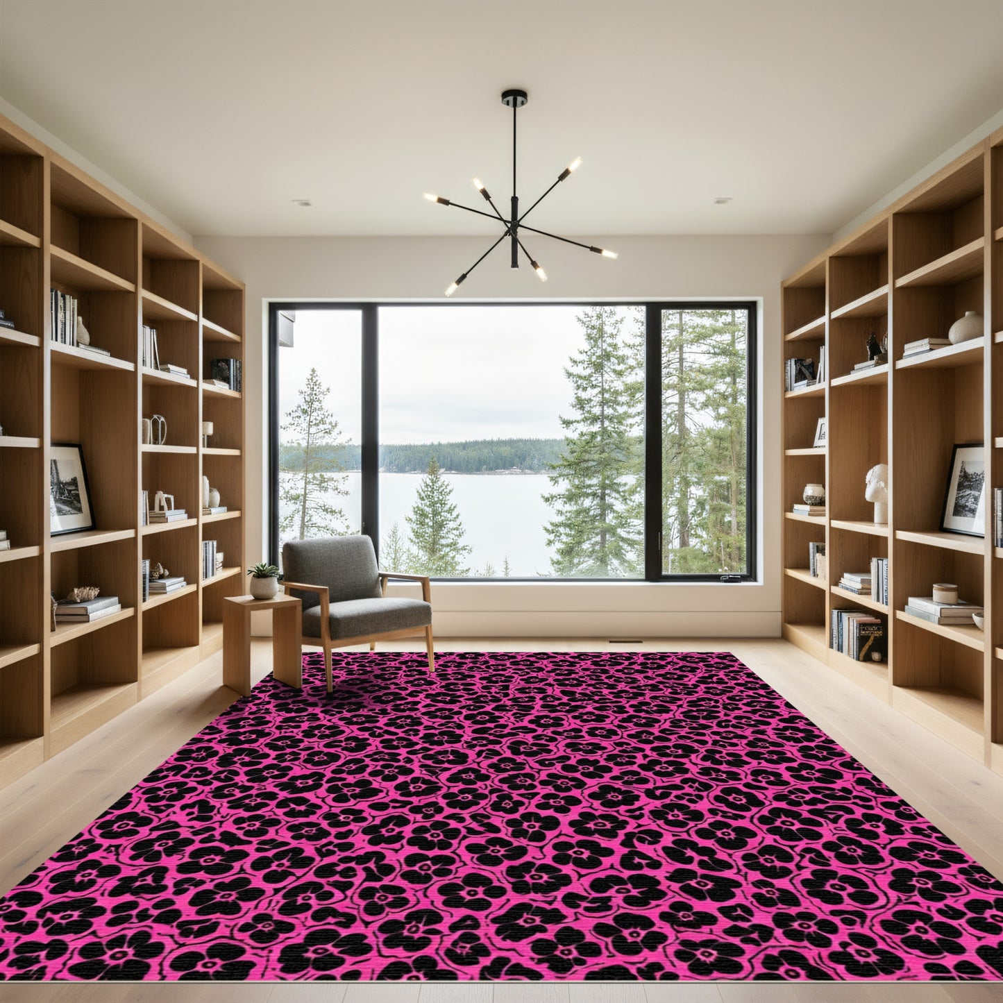 Vibrant Pink Black Floral Cluster Rug