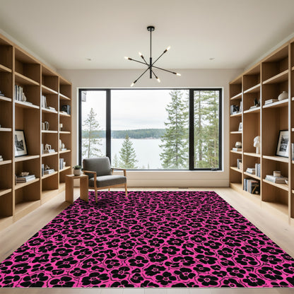 Vibrant Pink Black Floral Cluster Rug