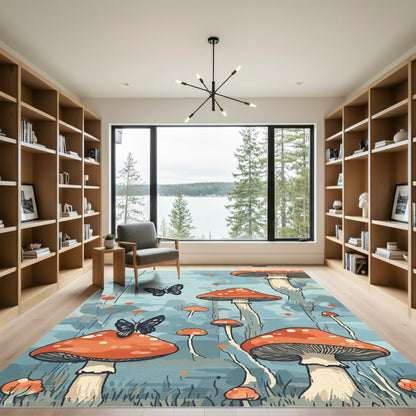 Whimsical Orange Mushroom Butterfly Forest Rug