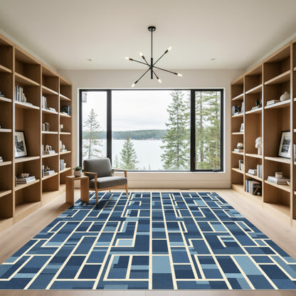 Modern Blue Geometric Labyrinth Rug