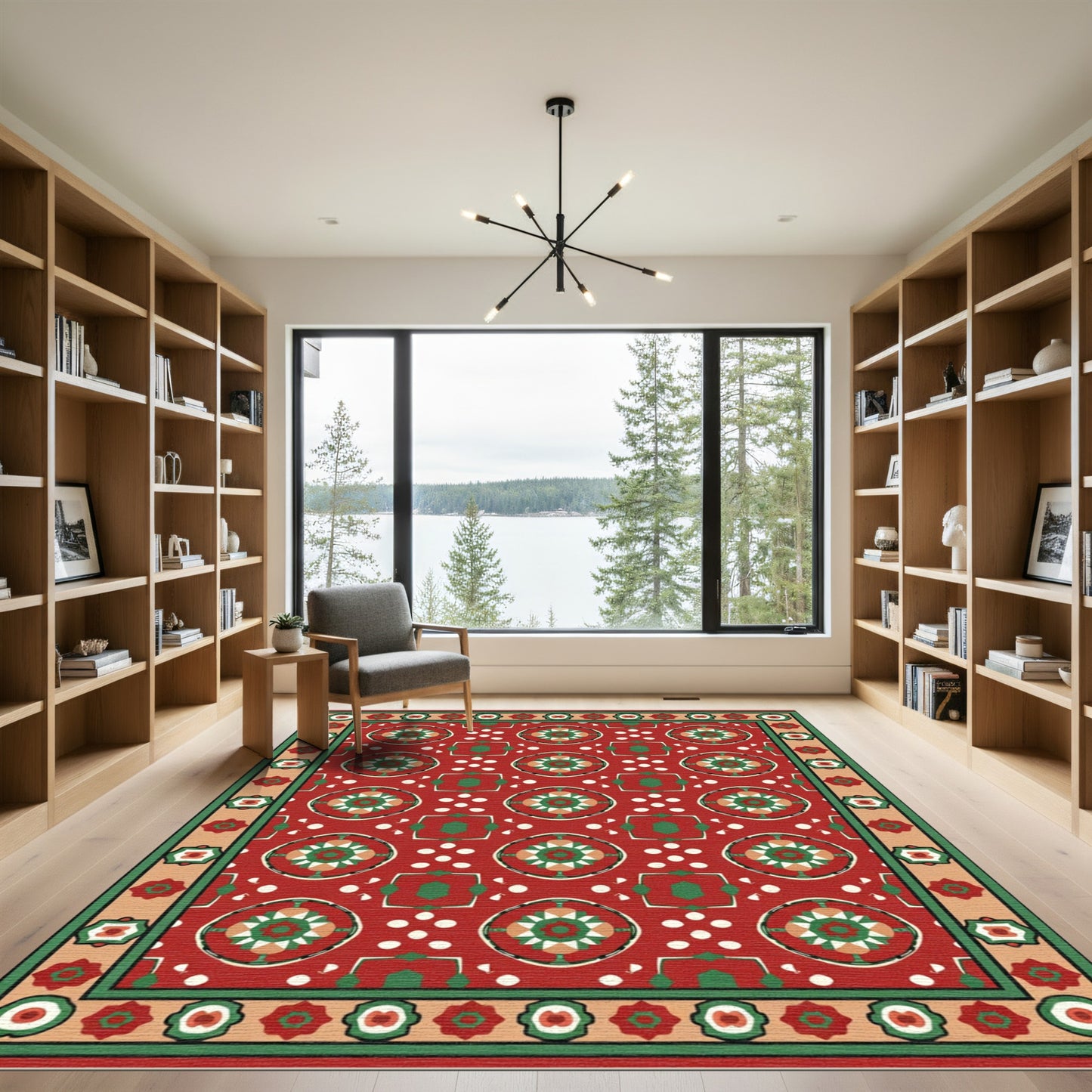 Crimson Red Geometric Medallion Border Rug