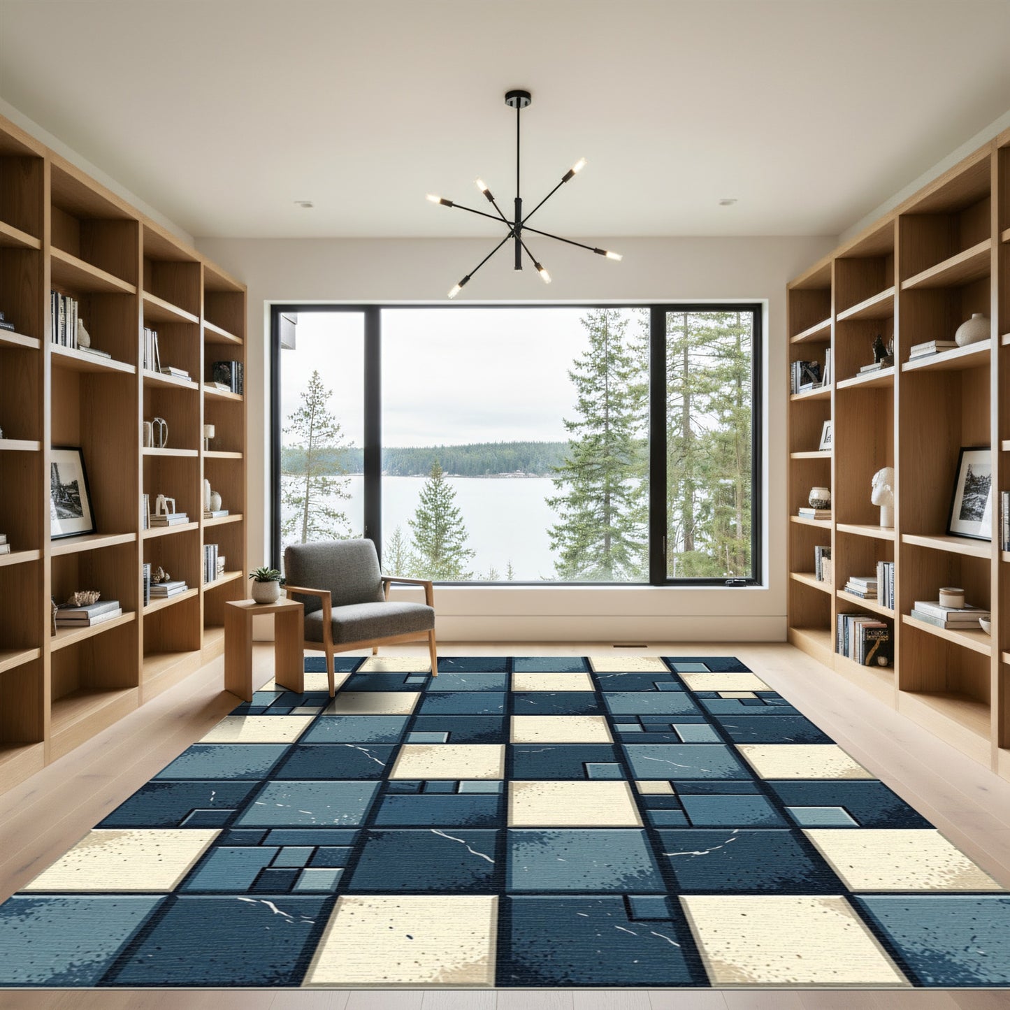 Dark Blue Beige Stained Glass Squares Rug