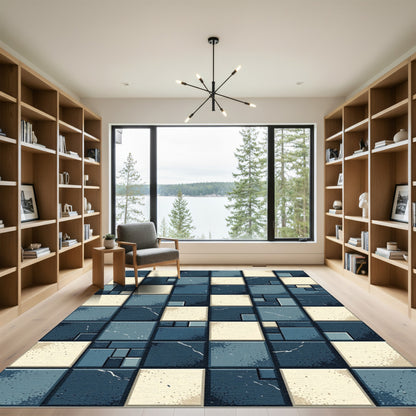 Dark Blue Beige Stained Glass Squares Rug