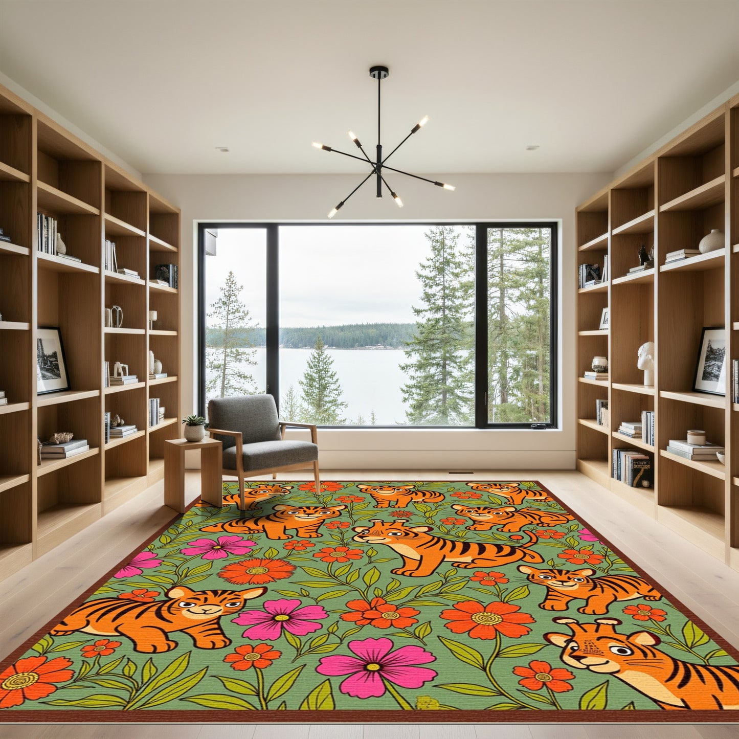 Whimsical Orange Tiger Floral Garden Rug