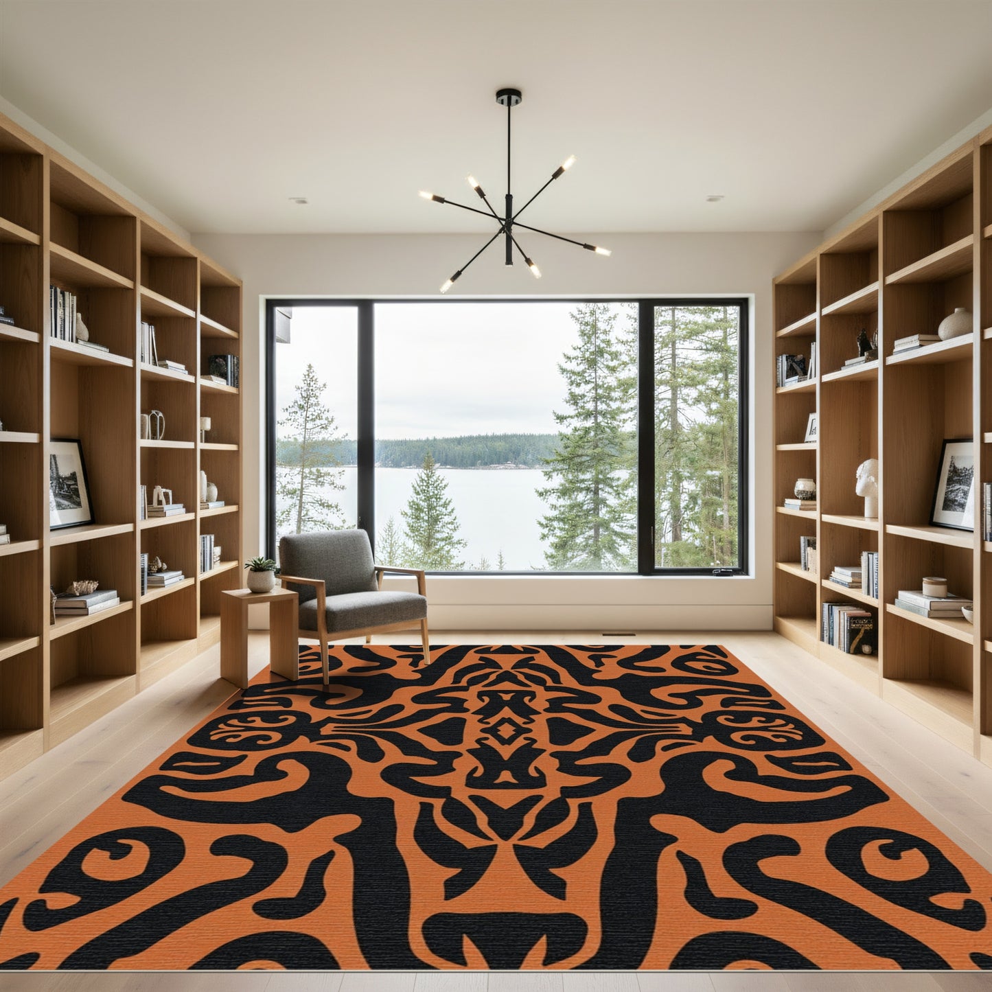Orange Black Tribal Symmetry Rug