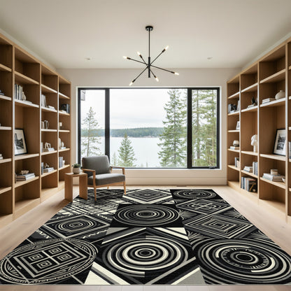 Monochrome Geometric Diamond Concentric Circles Rug