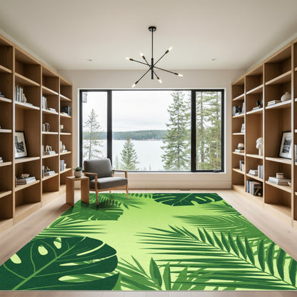 Dark Green Tropical Leaf Arrangement Rug