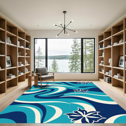 Vibrant Blue White Floral Wave Rug