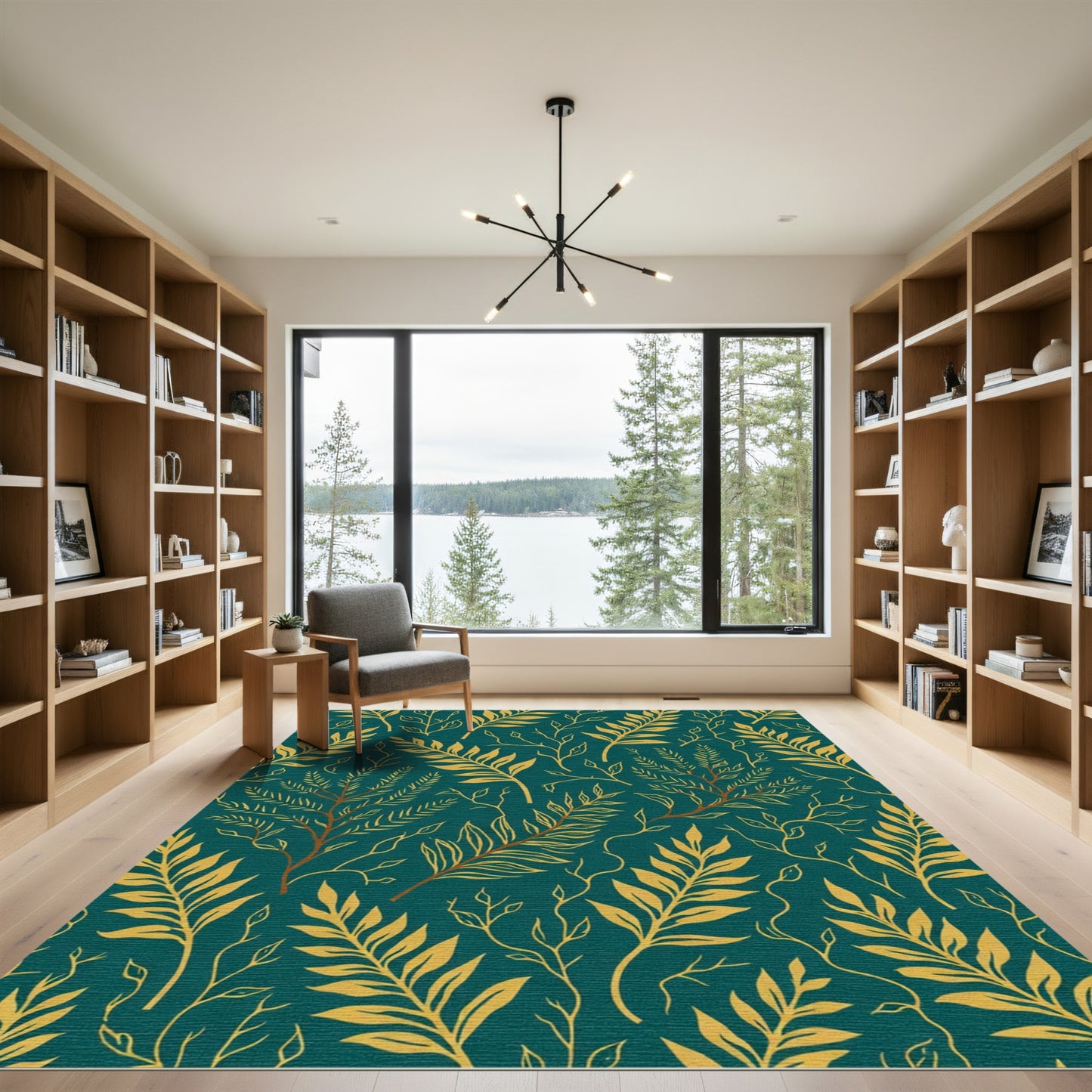 Teal Gold Botanical Vine Art Rug