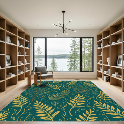 Teal Gold Botanical Vine Art Rug