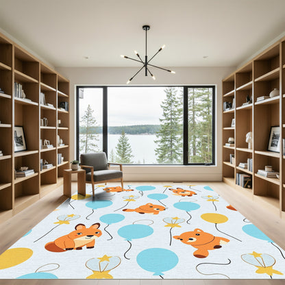 Cute Orange Fox With Blue Balloons Rug