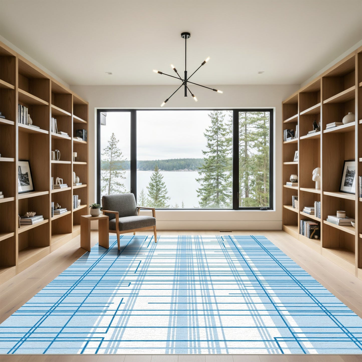 Modern Blue Geometric Grid Rug