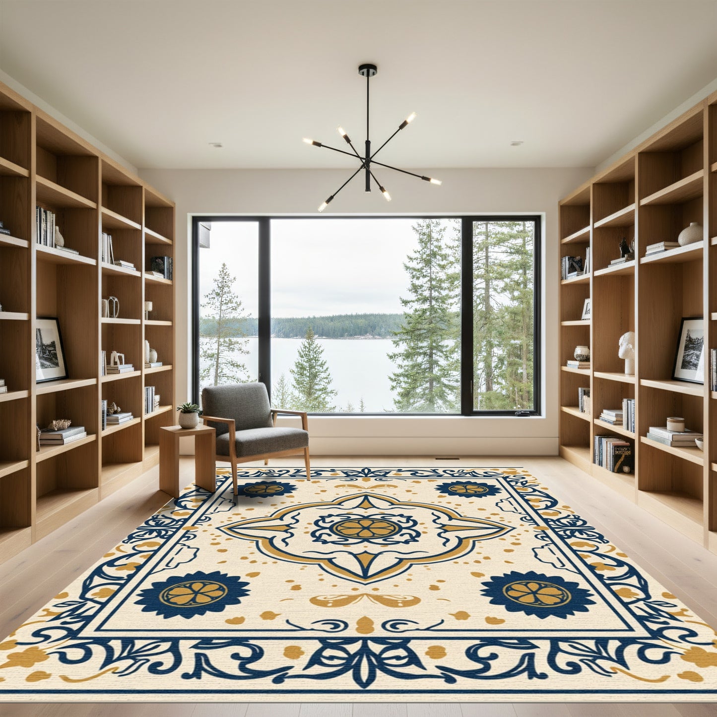 Navy Gold Quatrefoil Floral Border Rug