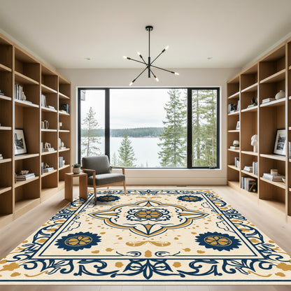 Navy Gold Quatrefoil Floral Border Rug