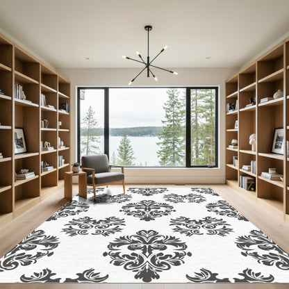 Black Floral Damask Scroll Rug