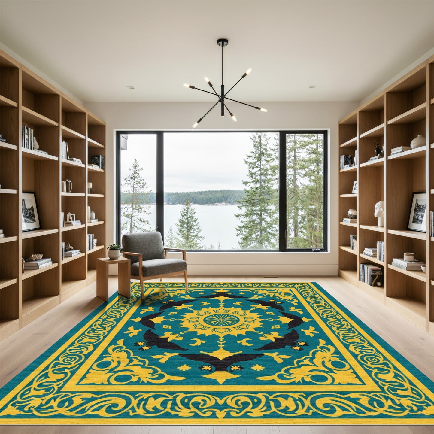 Teal Golden Bird Mandala Border Rug
