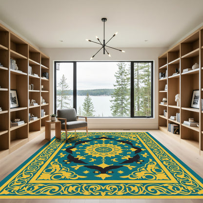 Teal Golden Bird Mandala Border Rug