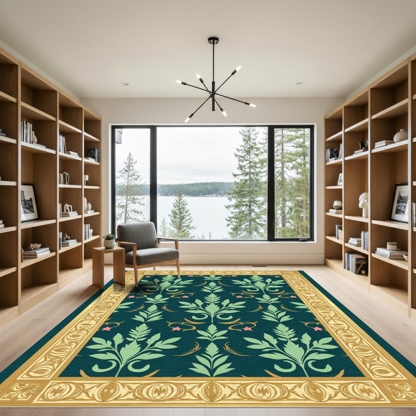 Teal Green Floral Scroll Border Rug