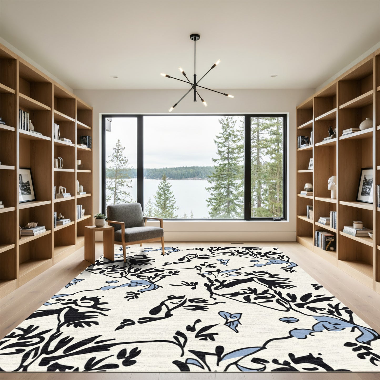 Abstract Black Blue Floral Branch Art Rug