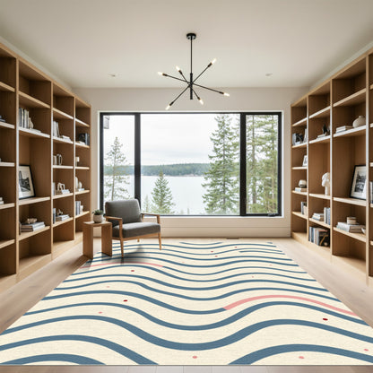 Cream Blue Wavy Stripe Dot Rug