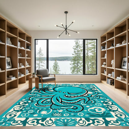 Oceanic Teal Octopus With Waves Rug