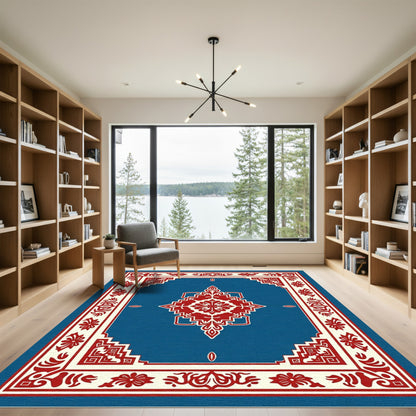 Crimson Floral Medallion Blue Frame Rug