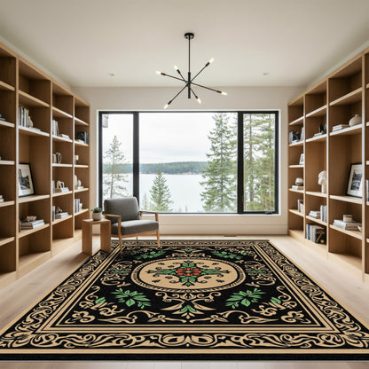 Black Floral Red Medallion Tan Border Rug