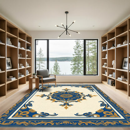 Golden Blue Floral Medallion Rug